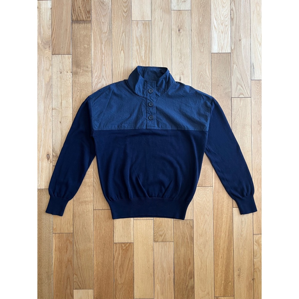 COS Navy Blue High Neck Henley Sweater Color Block 100% Cotton Mens Size S